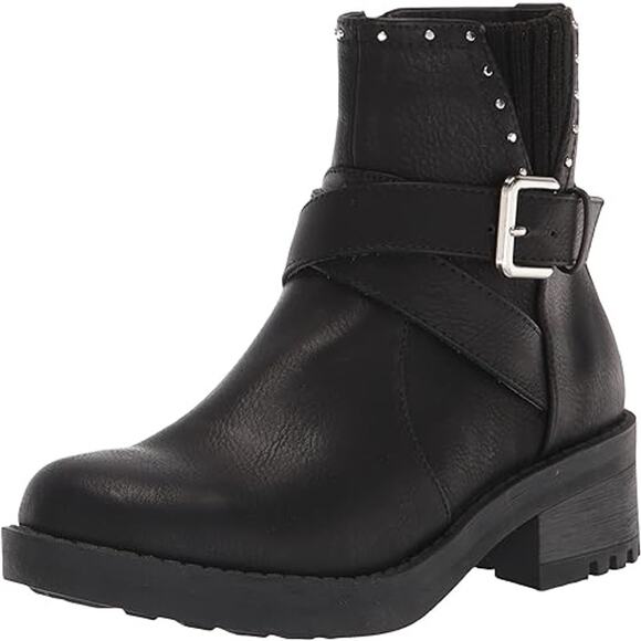 XOXO Womens Dharma Fashion Boot 5M Black Stud Buckle Strap Ankle Booties NWOB - Picture 1 of 11